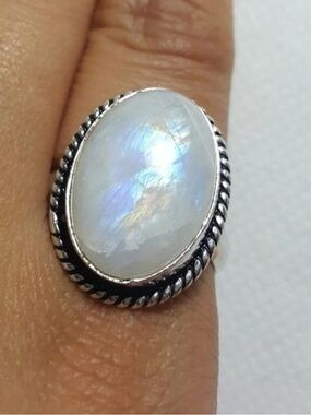 Silver Rainbow Moonstone Oval Ring in Iridescent White